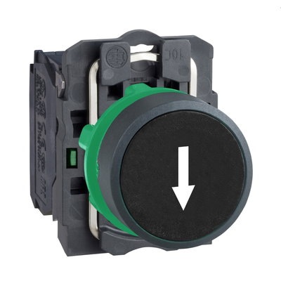 Push button, plastic, flush, black,Ø22, spring return, marked DOWN ARROW, 1 NO