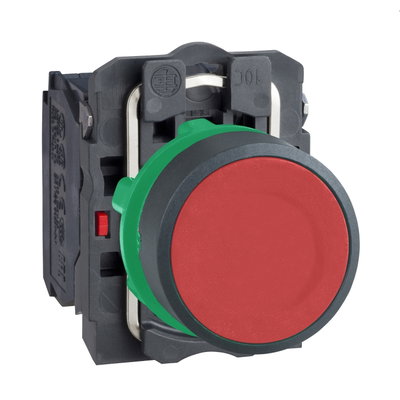 Harmony XB5, Push button, plastic, flush, red, Ø22, spring return, unmarked, 1 NO + 1 NC