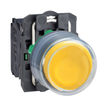Harmony XB5, Push button, plastic, projecting, yellow, Ø22, spring return, booted, unmarked, 1 NO