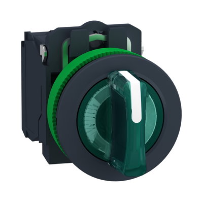 Illuminated selector switch, Harmony XB5, grey plastic, green handle, 30mm, universal LED, 3 positions, 1NO + 1NC, 24V AC DC