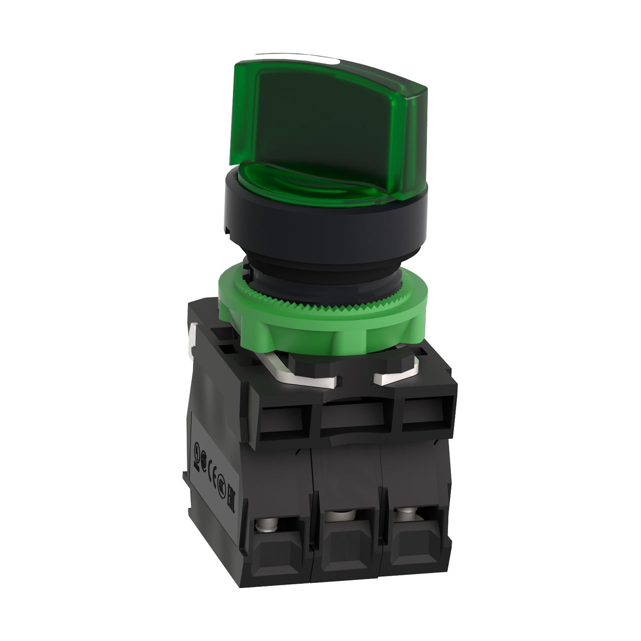 Illuminated selector switch, Harmony XB5, grey plastic, green handle, 22mm, universal LED, 2 positions, 1NO + 1NC, 110...120V AC – Image 3 of 9