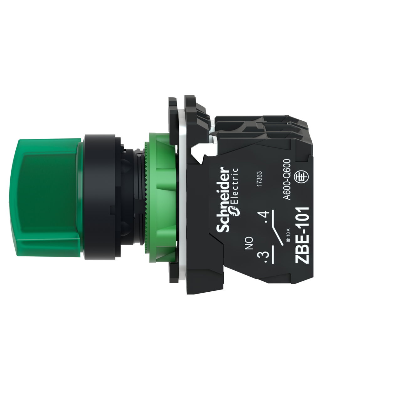 Illuminated selector switch, Harmony XB5, grey plastic, green handle, 22mm, universal LED, 2 positions, 1NO + 1NC, 110...120V AC – Image 7 of 9