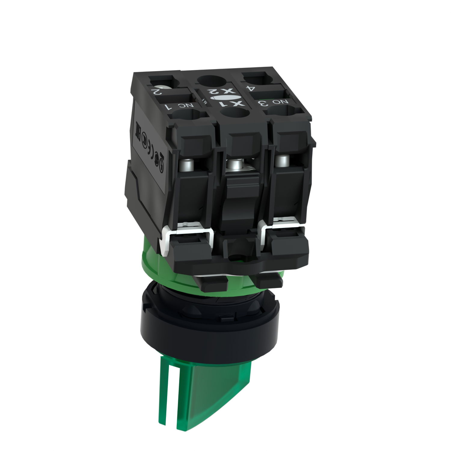 Illuminated selector switch, Harmony XB5, grey plastic, green handle, 22mm, universal LED, 2 positions, 1NO + 1NC, 110...120V AC – Image 5 of 9