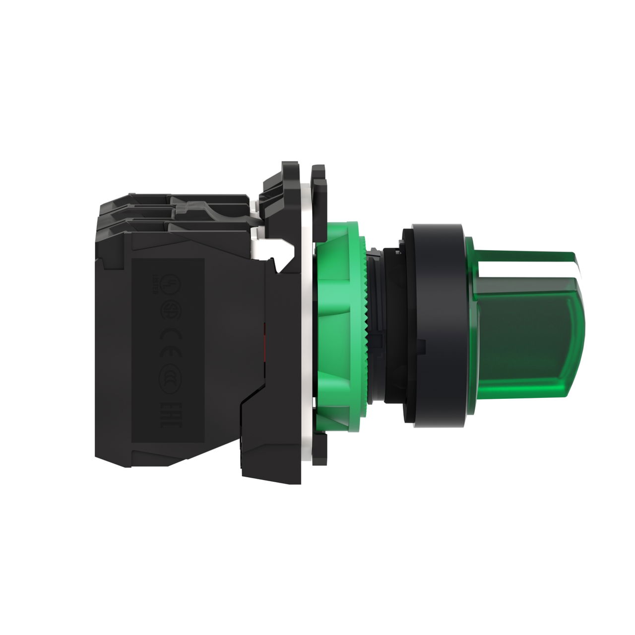 Illuminated selector switch, Harmony XB5, grey plastic, green handle, 22mm, universal LED, 2 positions, 1NO + 1NC, 230...240V AC – Image 2 of 4