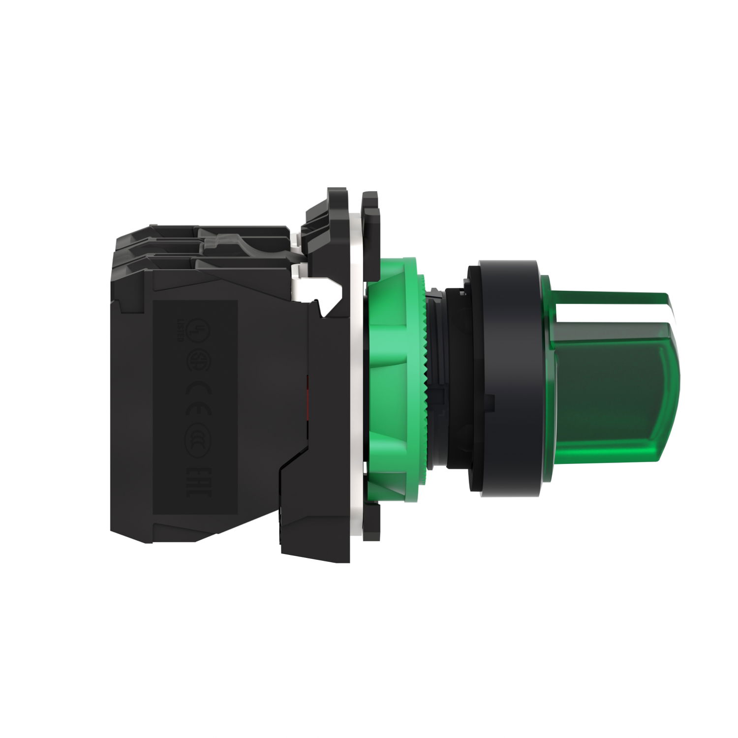 Illuminated selector switch, Harmony XB5, grey plastic, green handle, 22mm, universal LED, 2 positions, 1NO + 1NC, 230...240V AC – Image 2 of 4