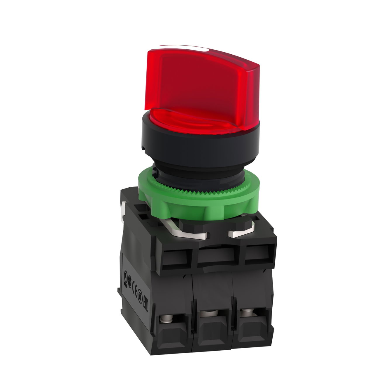 Illuminated selector switch, Harmony XB5, grey plastic, red handle, 22mm, 2 positions, universal LED, 1NO + 1NC, 24V AC DC – Image 2 of 7