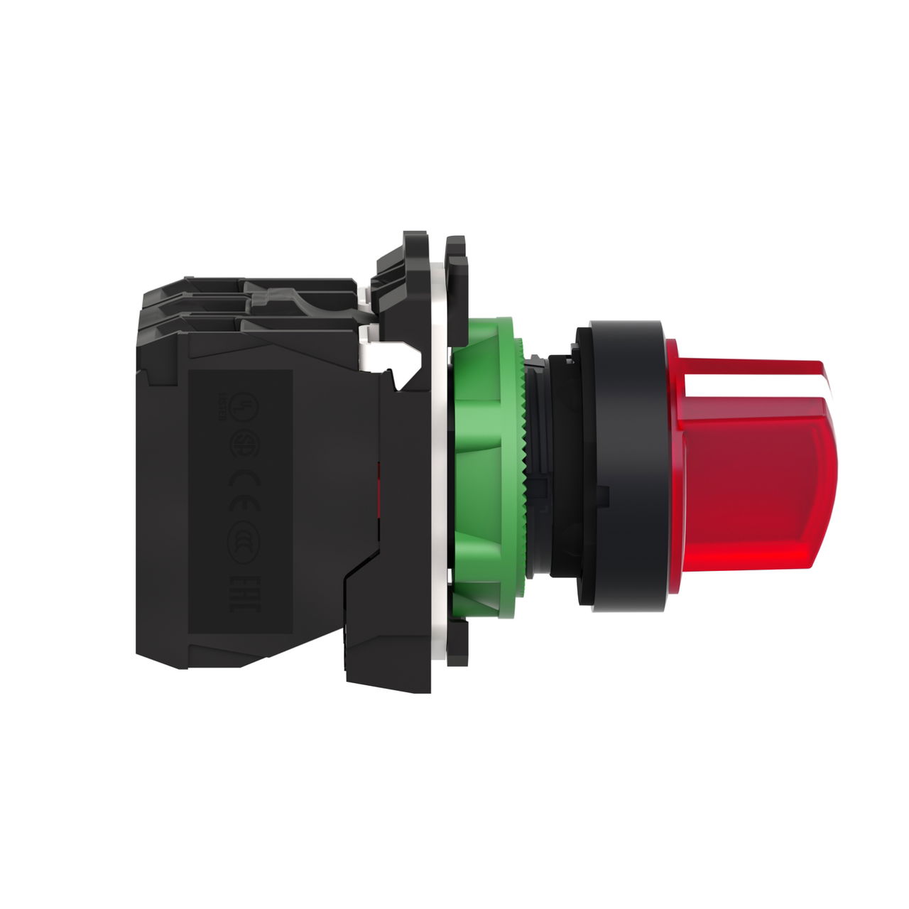 Illuminated selector switch, Harmony XB5, grey plastic, red handle, 22mm, 2 positions, universal LED, 1NO + 1NC, 24V AC DC – Image 4 of 7
