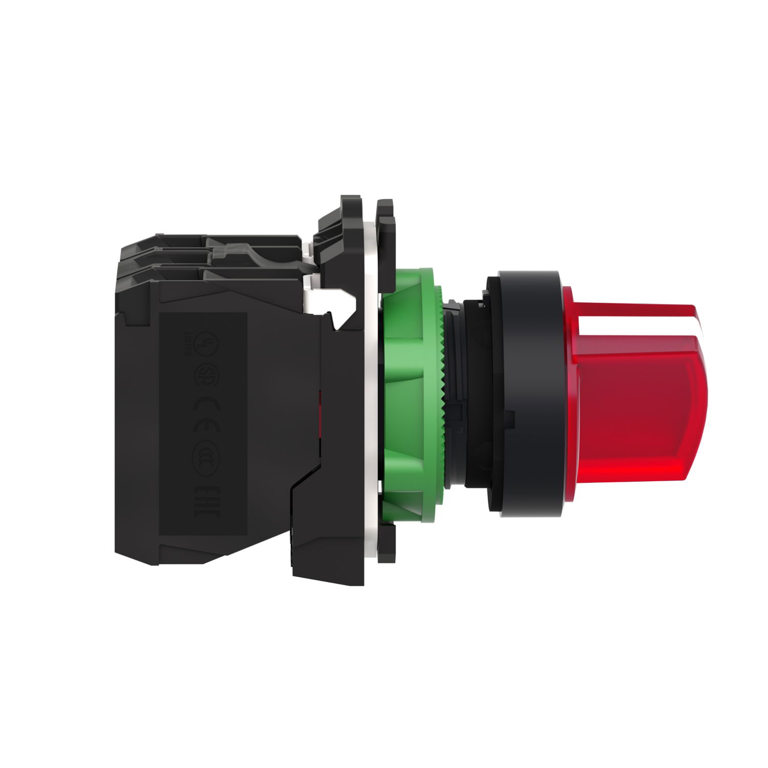 Illuminated selector switch, Harmony XB5, grey plastic, red handle, 22mm, 2 positions, universal LED, 1NO + 1NC, 24V AC DC – Image 4 of 7