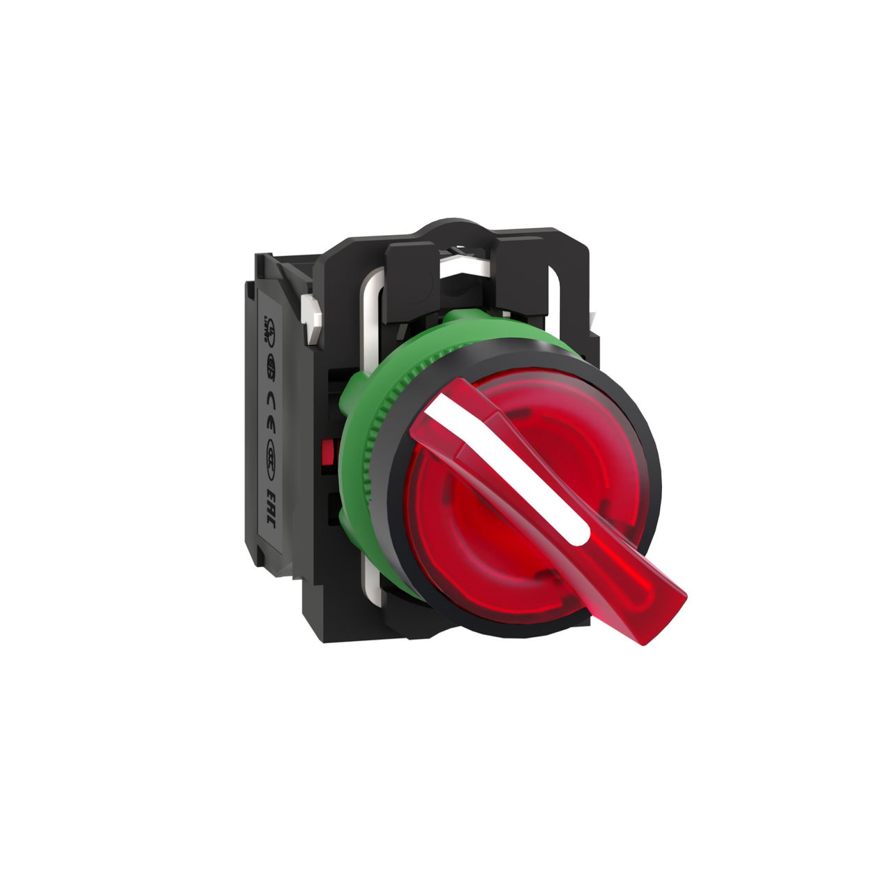 Illuminated selector switch, Harmony XB5, grey plastic, red handle, 22mm, 2 positions, universal LED, 1NO + 1NC, 24V AC DC