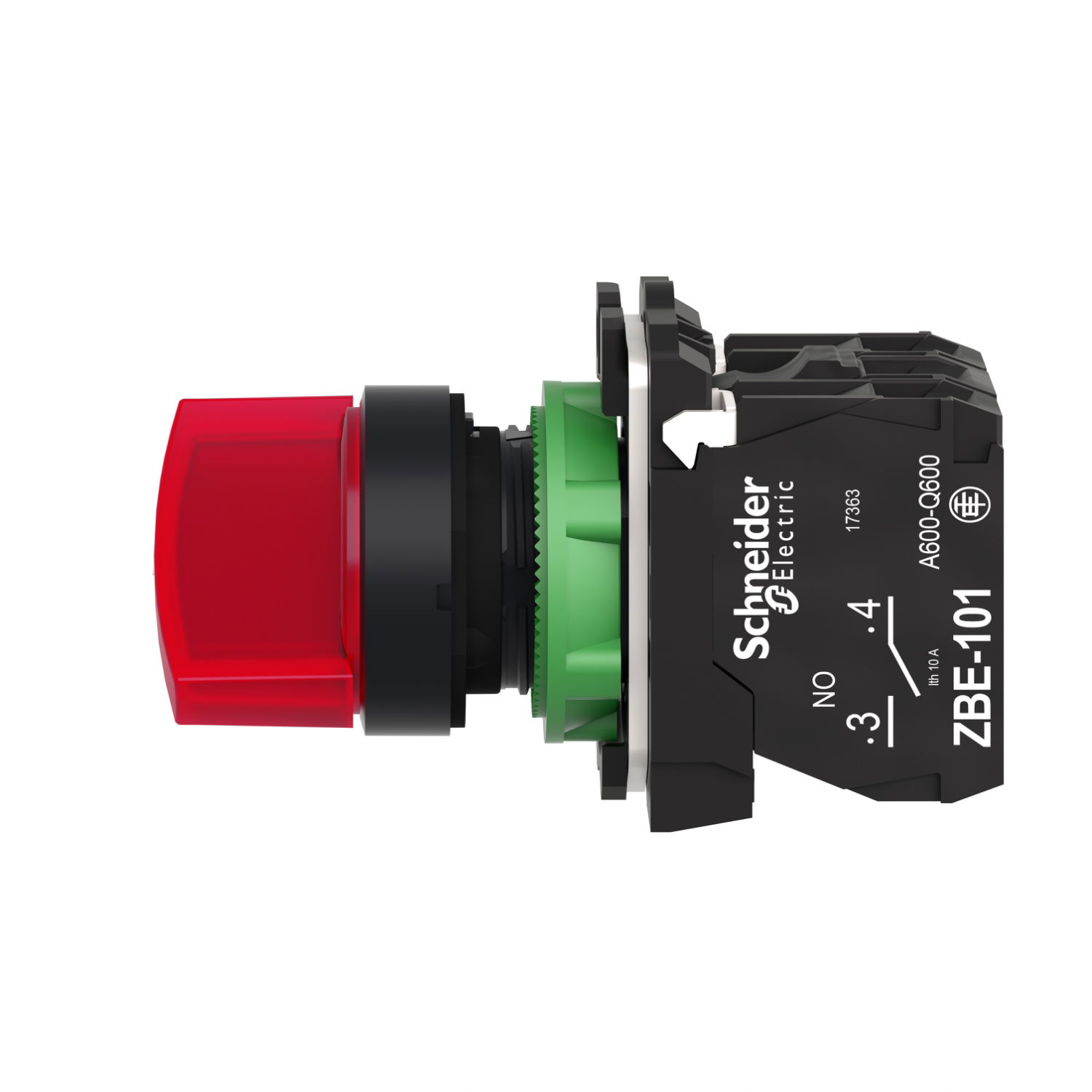 Illuminated selector switch, Harmony XB5, grey plastic, red handle, 22mm, 2 positions, universal LED, 1NO + 1NC, 24V AC DC – Image 5 of 7