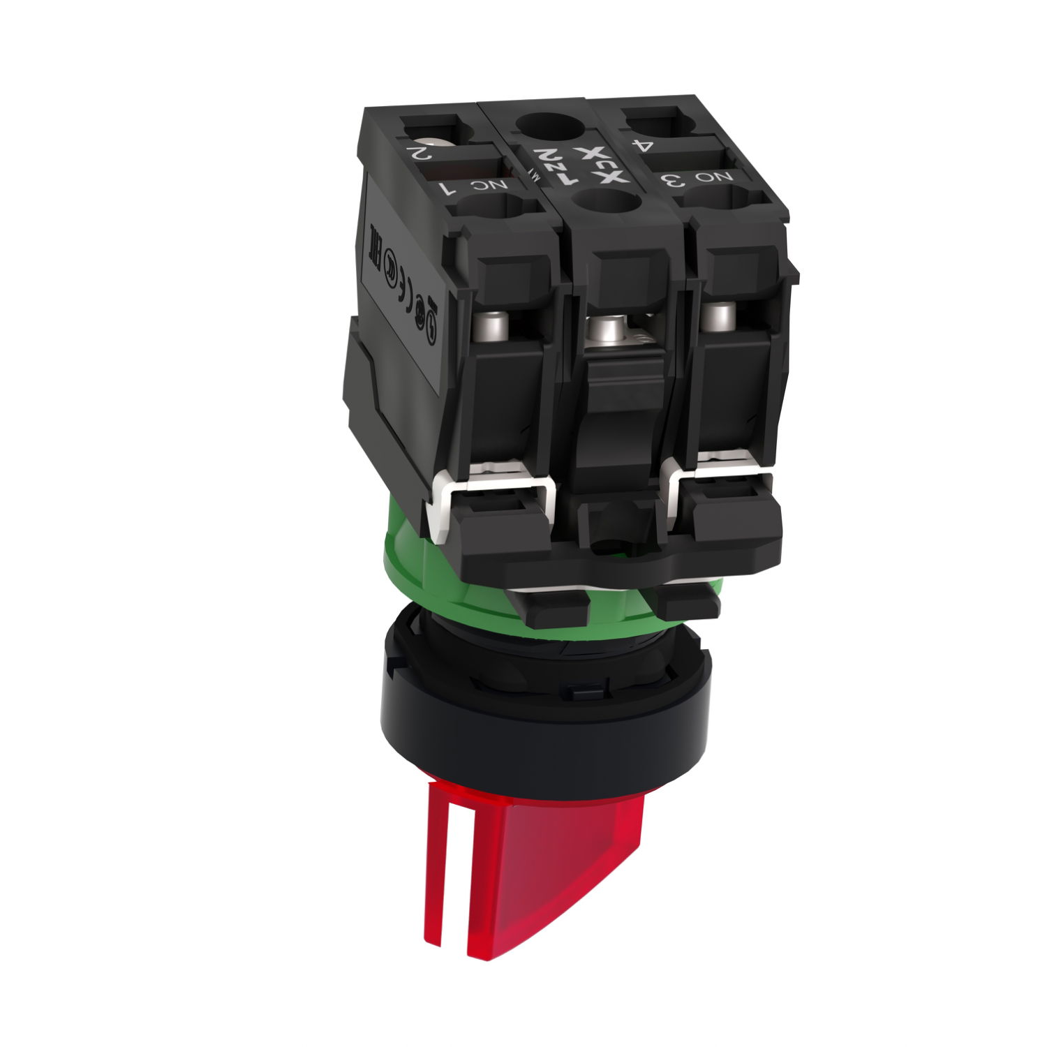 Illuminated selector switch, Harmony XB5, grey plastic, red handle, 22mm, 2 positions, universal LED, 1NO + 1NC, 24V AC DC – Image 3 of 7