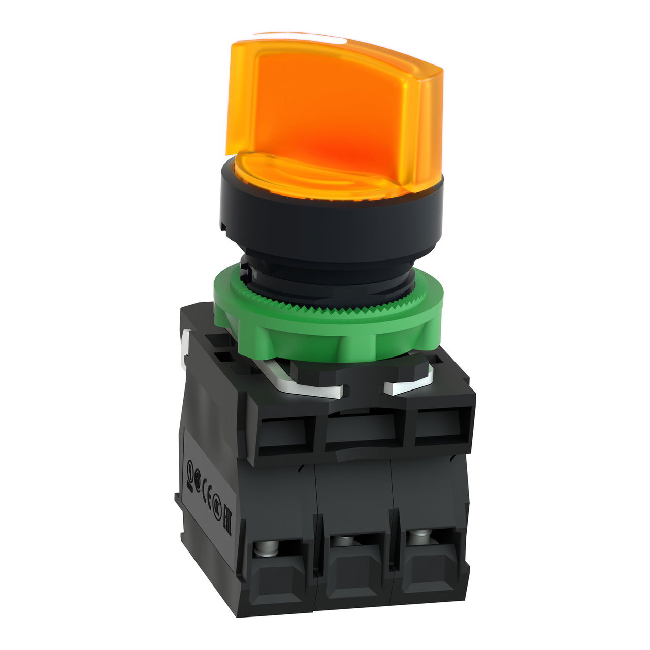 Illuminated selector switch, Harmony XB5, grey plastic, orange handle, 22mm, universal LED, 2 positions, 1NO + 1NC, 230...240V AC – Image 2 of 8