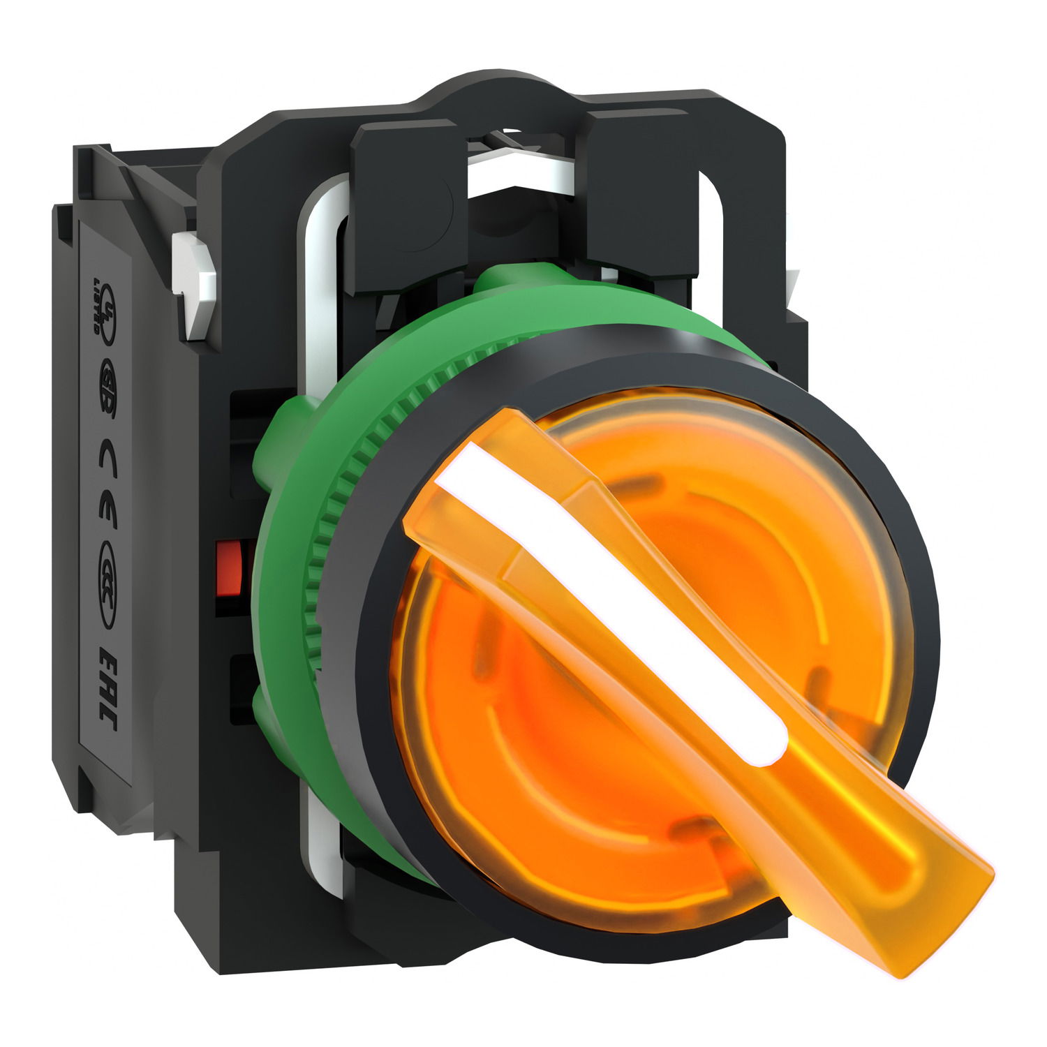 Illuminated selector switch, Harmony XB5, grey plastic, orange handle, 22mm, universal LED, 2 positions, 1NO + 1NC, 230...240V AC