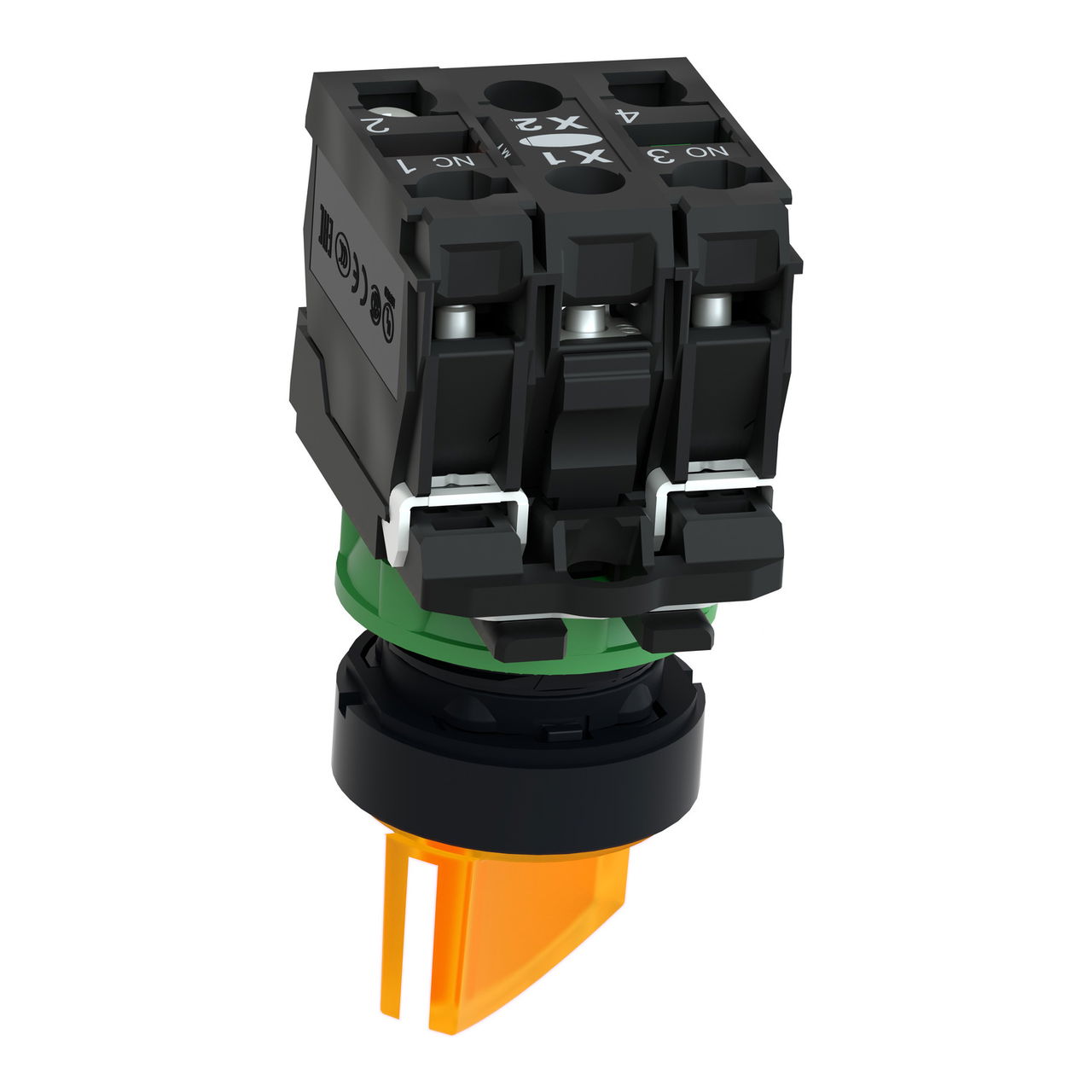 Illuminated selector switch, Harmony XB5, grey plastic, orange handle, 22mm, universal LED, 2 positions, 1NO + 1NC, 230...240V AC – Image 4 of 8