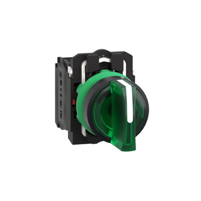 Illuminated selector switch, Harmony XB5, grey plastic, green handle, 22mm, 3 positions, universal LED, 1NO + 1NC, 24V AC DC
