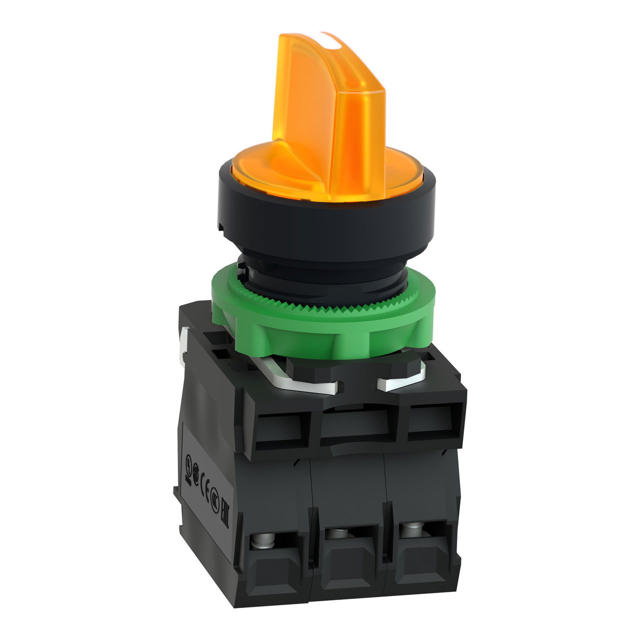 Illuminated selector switch, Harmony XB5, grey plastic, orange handle, 22mm, universal LED, 3 positions, 1NO + 1NC, 230...240V AC – Image 2 of 8