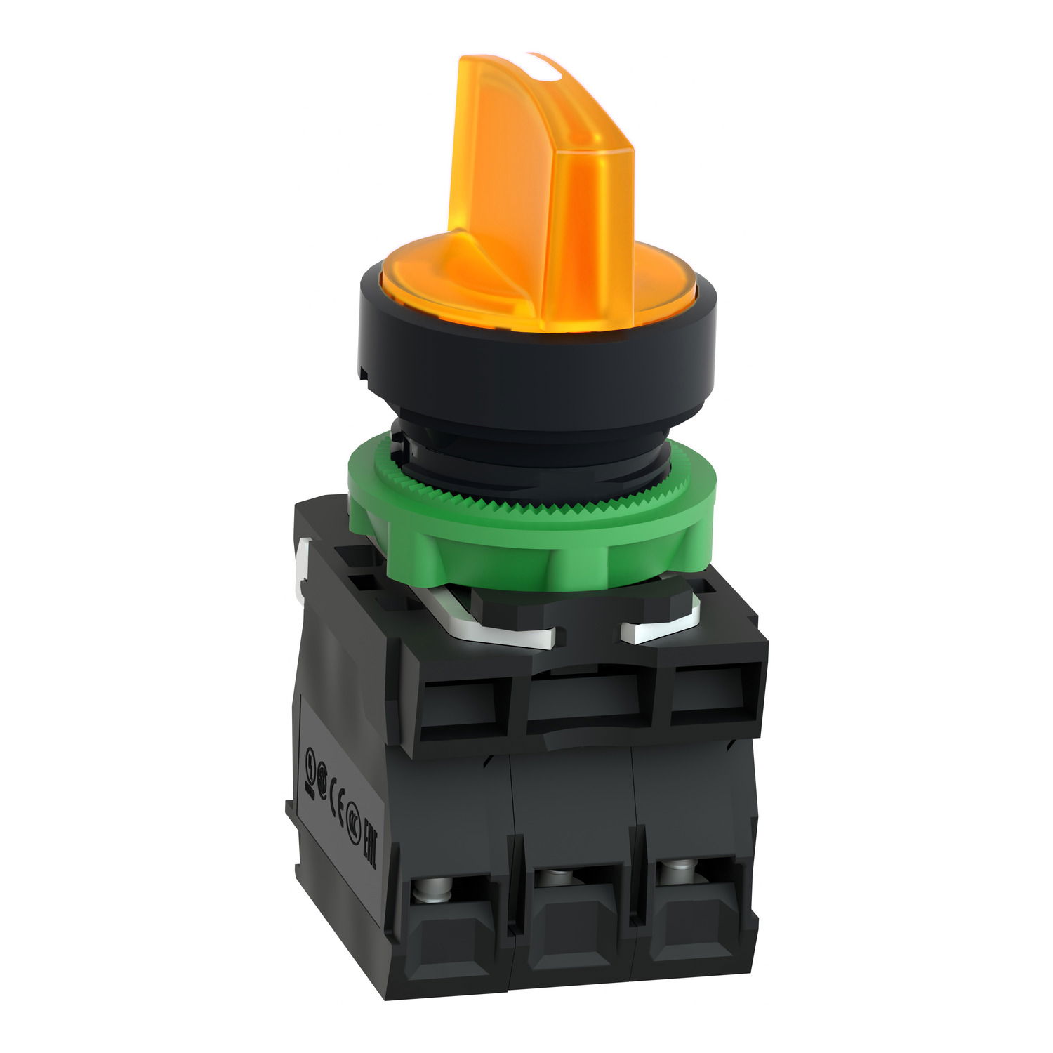 Illuminated selector switch, Harmony XB5, grey plastic, orange handle, 22mm, universal LED, 3 positions, 1NO + 1NC, 230...240V AC – Image 2 of 8