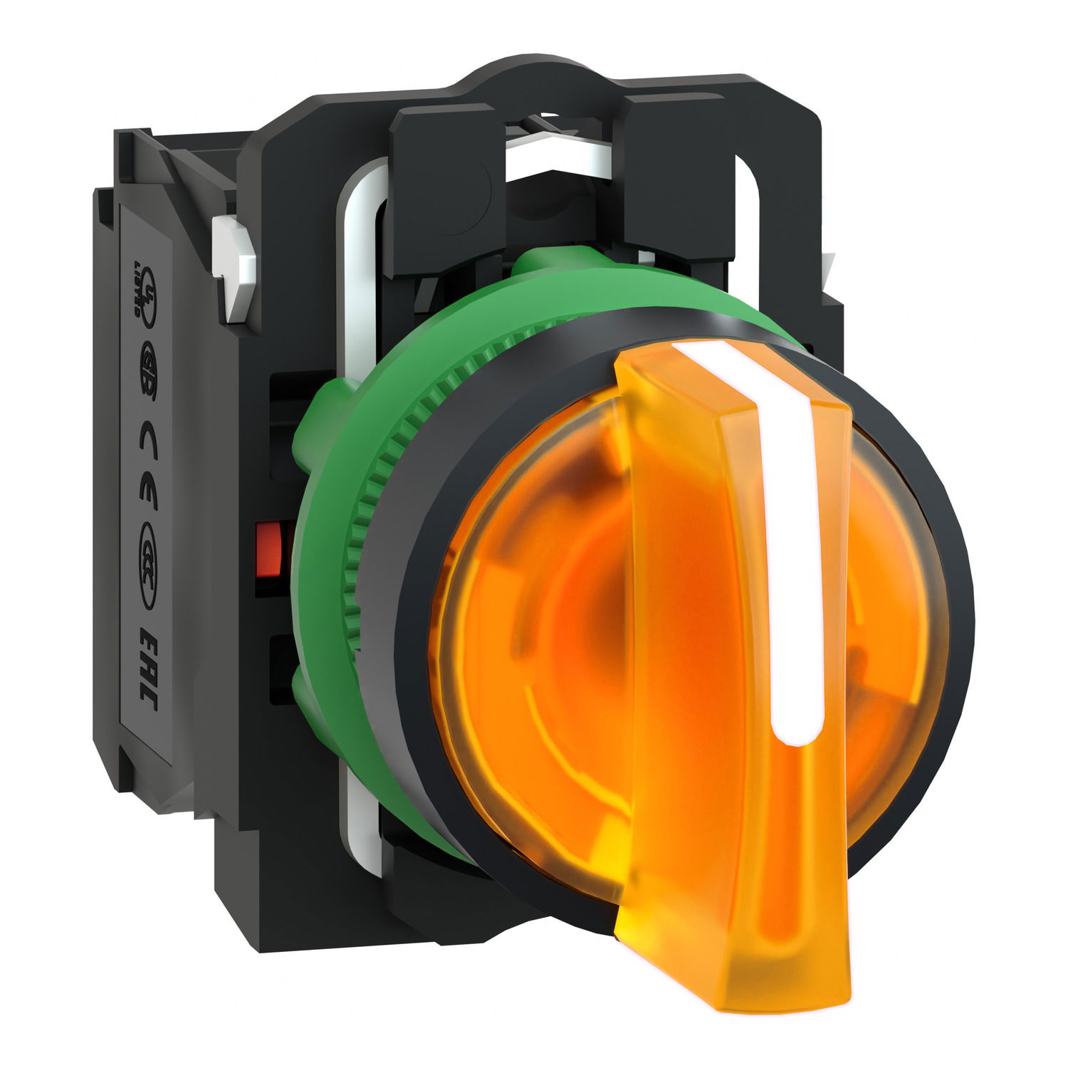 Illuminated selector switch, Harmony XB5, grey plastic, orange handle, 22mm, universal LED, 3 positions, 1NO + 1NC, 230...240V AC