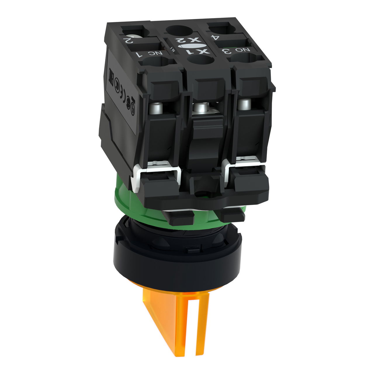 Illuminated selector switch, Harmony XB5, grey plastic, orange handle, 22mm, universal LED, 3 positions, 1NO + 1NC, 230...240V AC – Image 4 of 8
