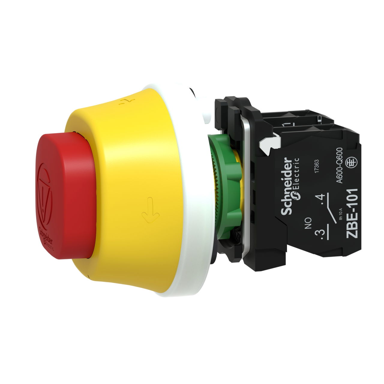 Harmony XB5, Illuminated emergency stop, plastic, Ø22, trigger latching turn to release, white/red LED, 24 V AC/DC, 1 NO + 1 NC – Image 7 of 10