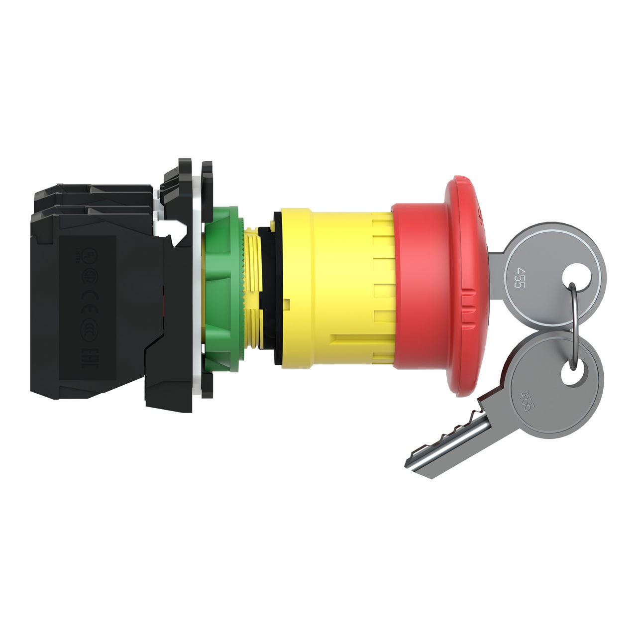 Harmony XB5, Emergency stop switching off, plastic, red mushroom Ø40, Ø22 trigger latching key release, 1 NO + 1 NC – Image 6 of 9