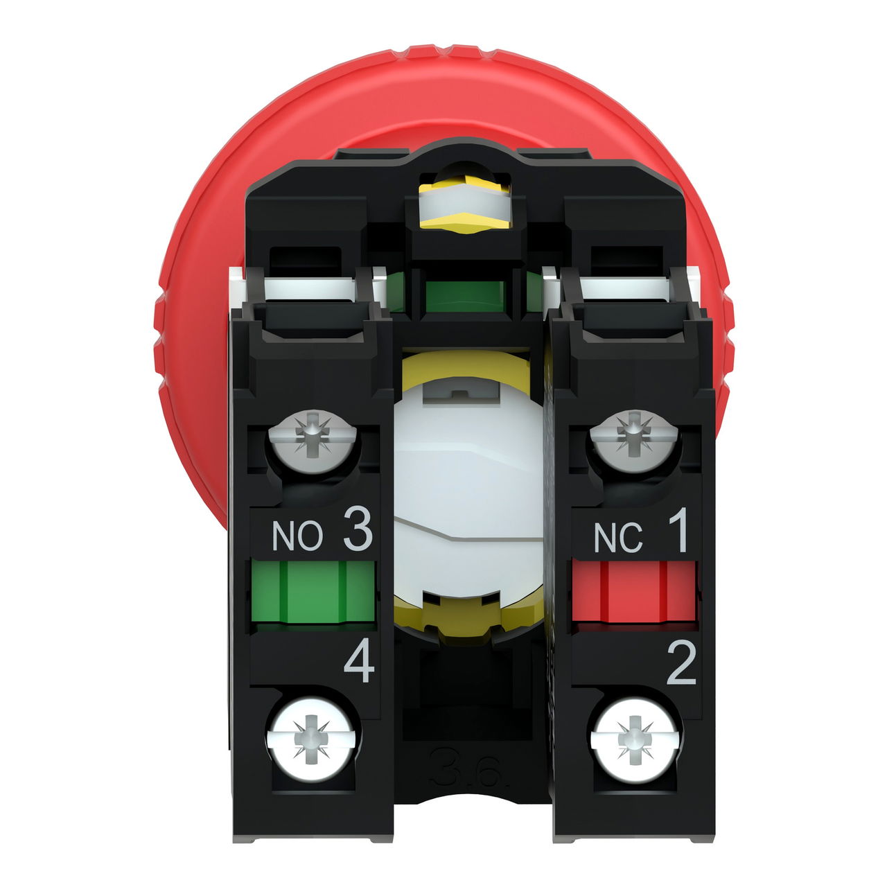 Harmony XB5, Emergency stop switching off, plastic, red mushroom Ø40, Ø22 trigger latching key release, 1 NO + 1 NC – Image 2 of 9