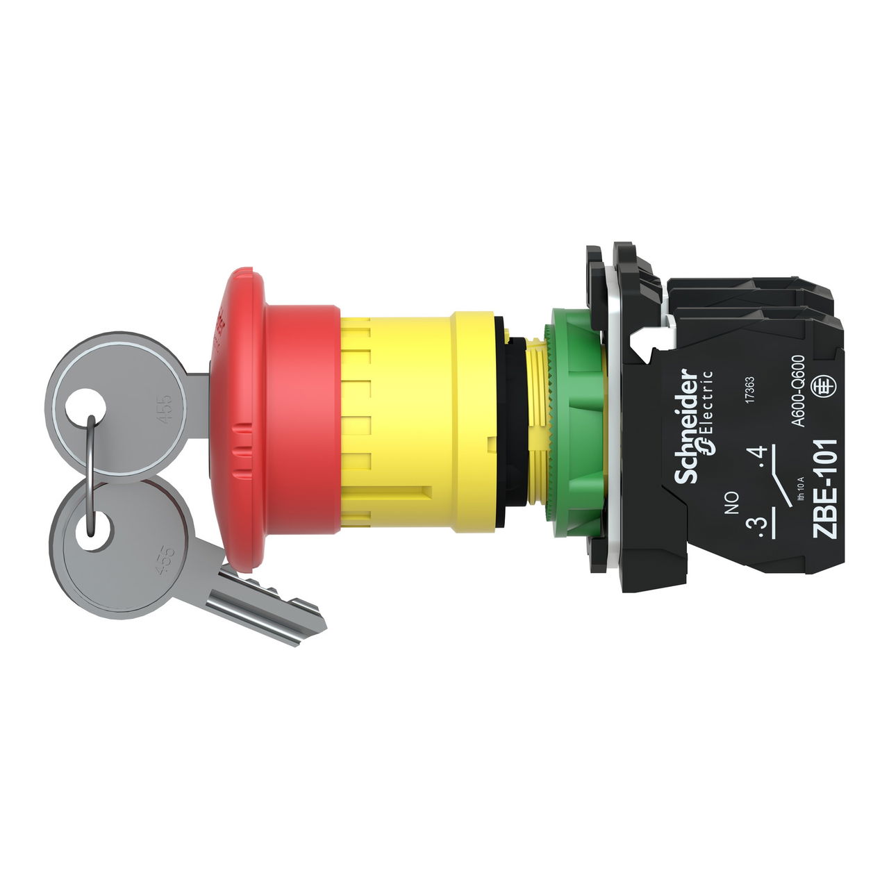 Harmony XB5, Emergency stop switching off, plastic, red mushroom Ø40, Ø22 trigger latching key release, 1 NO + 1 NC – Image 7 of 9