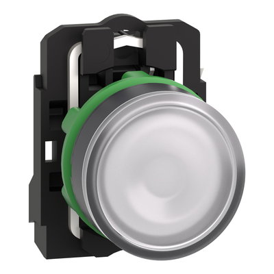 Illuminated push button, Harmony XB5, plastic, white flush, 22mm, universal LED, plain lens, 1NO, 24V AC DC