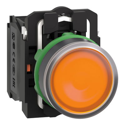 Illuminated push button, Harmony XB5, plastic, orange flush, 22mm, universal LED, plain lens, 1NO + 1NC, 230...240V AC