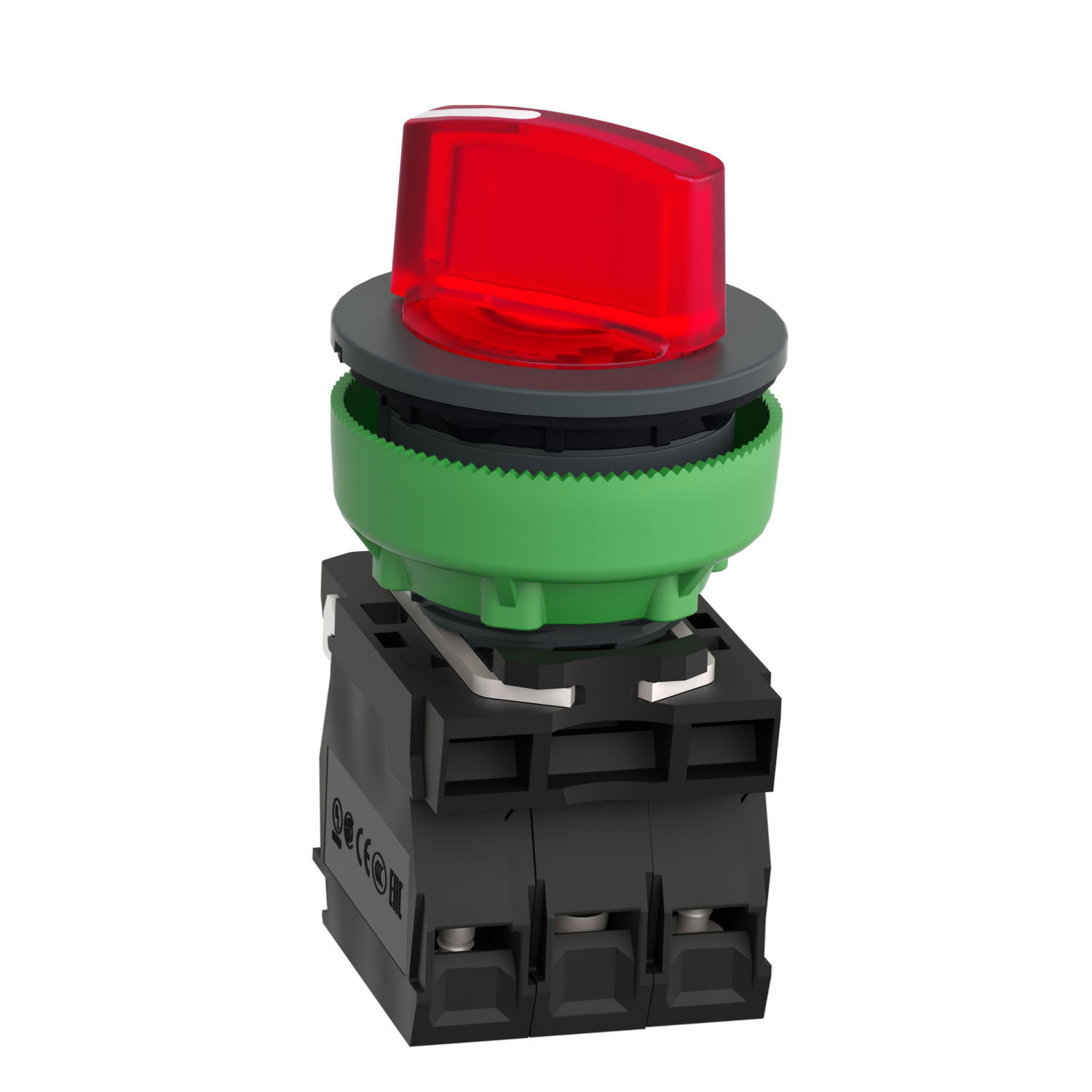 Illuminated selector switch, Harmony XB5, grey plastic, red handle, 30mm, universal LED, 2 positions, 1NO + 1NC, 24V AC DC – Image 2 of 7