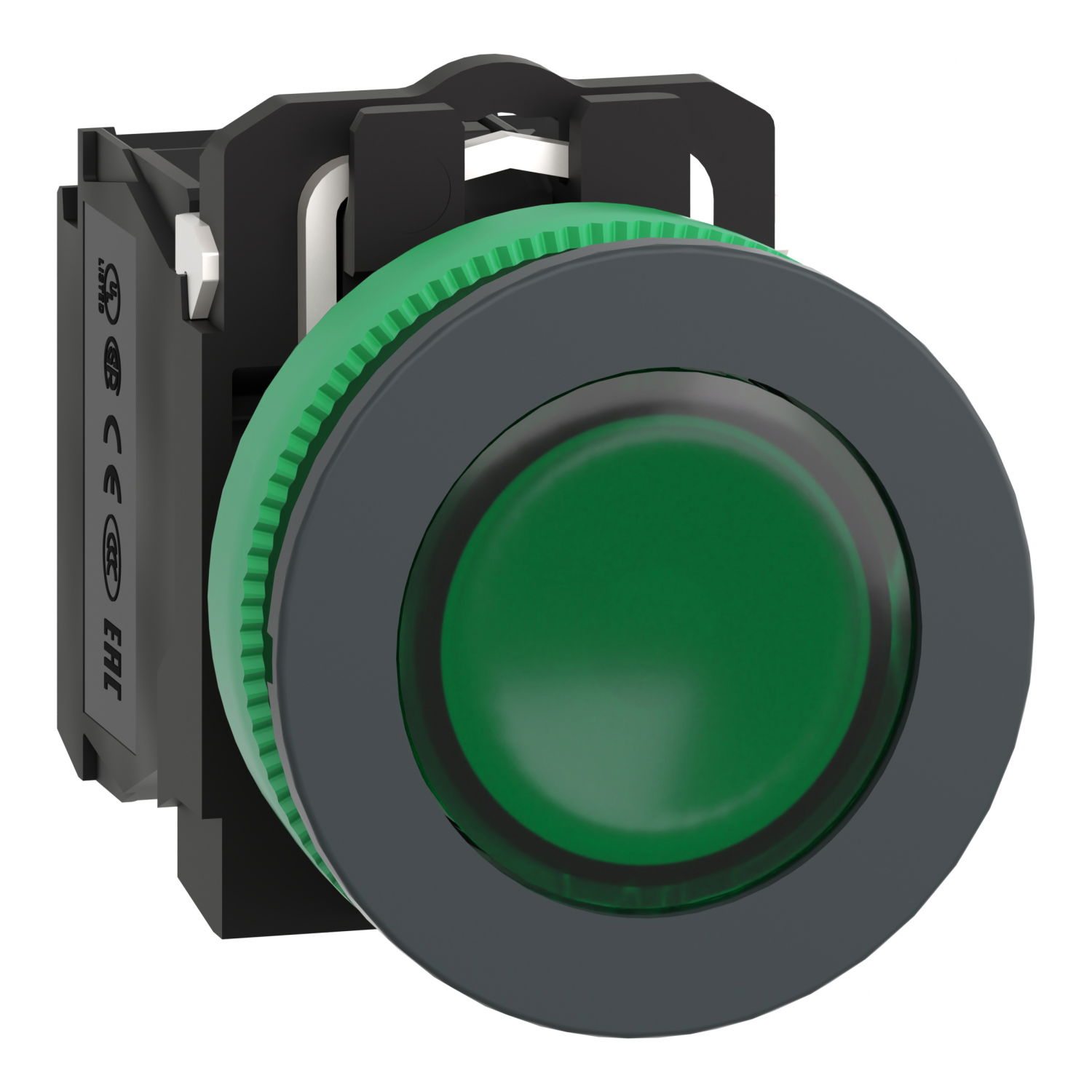 Illuminated push button, Harmony XB5, plastic, green, 30mm, universal LED, 1NO + 1NC, 110...120V AC