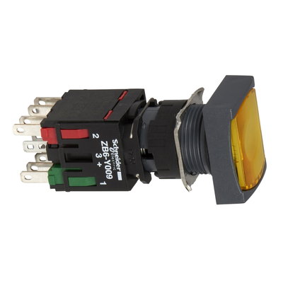 Complete illuminated push button, Harmony XB6, yellow rectang flush illum pushbutton Ø 16 spring return 1NO+1NC 12...24 V