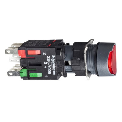Red flush complete illum pushbutton Ø16 spring return 1NC 12...24V
