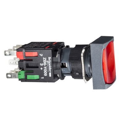 Red rectang flush complete illum pushbutton Ø16 spring return 1NO+1NC 12...24V