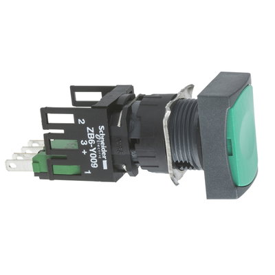 Green rectangular flush complete pushbutton Ø16 spring return 1NO+1NC unmarked
