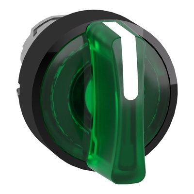 Head for illuminated selector switch, Harmony XB4, universal LED,  black metal, green handle, 22mm, 3 positions, stay put
