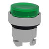 Head for illuminated push button, Harmony XB4, metal, green projecting, 22mm, universal LED, spring return, plain lens