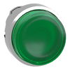 Head for illuminated push button, Harmony XB4, metal, green projecting, 22mm, universal LED, spring return, plain lens