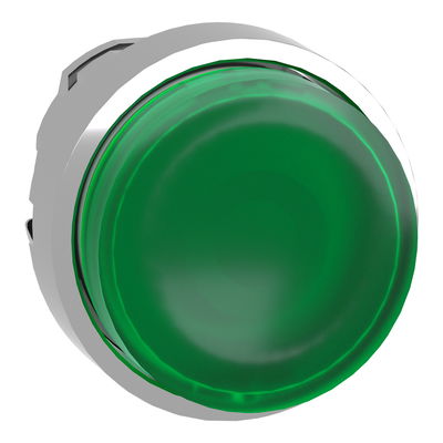 Head for illuminated push button, Harmony XB4, metal, green projecting, 22mm, universal LED, spring return, plain lens