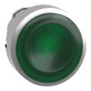 Head for illuminated push button, Harmony XB4, metal, green flush, 22mm, universal LED, spring return, grooved lens