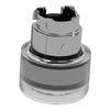 Head for illuminated push button, Harmony XB4, metal, green flush, 22mm, universal LED, spring return, clear boot