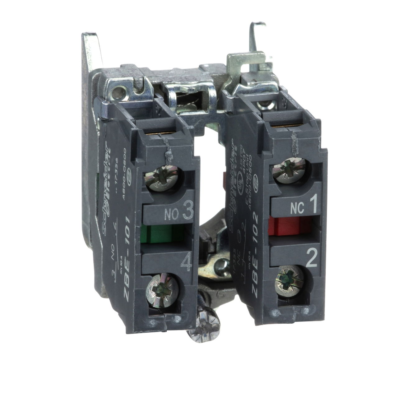 Single contact block with body/fixing collar, metal, screw clamp terminal, 1 NO + 1 NC