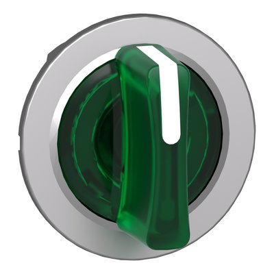 Head for illuminated selector switch, Harmony XB4, metal, green handle, flush mounted, 30mm, universal LED, 3 positions