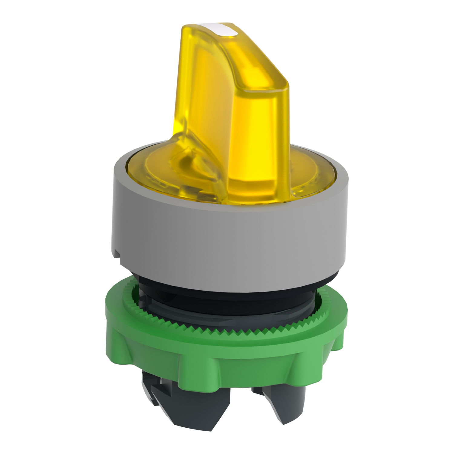 Head for illuminated selector switch, Harmony XB5, grey bezel, yellow handle, 22mm, universal LED, 3 positions, to center spring return – Image 3 of 7