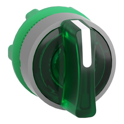 Head for illuminated selector switch, Harmony XB5, grey bezel, green handle, 22mm, universal LED, 3 positions, left to center spring return