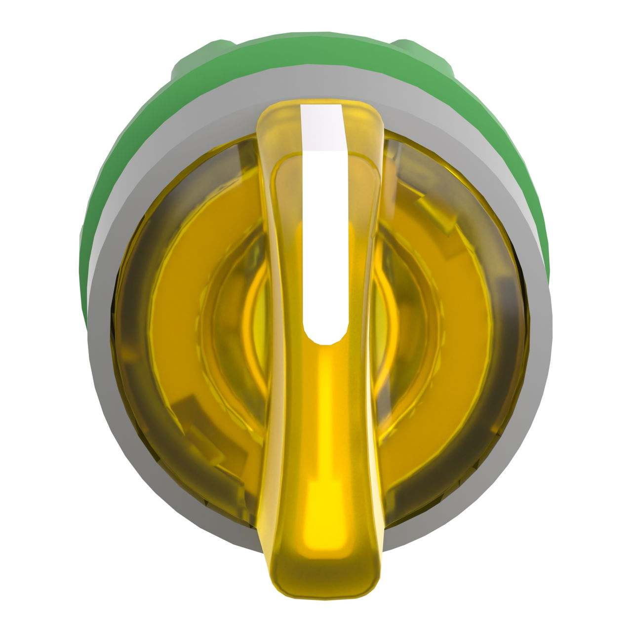 Head for illuminated selector switch, Harmony XB5, grey bezel, yellow handle, 22mm, universal LED, 3 positions, to center spring return – Image 4 of 7