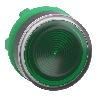 Head for illuminated push button, Harmony XB5, plastic, green flush, 22mm, universal LED, spring return, grooved lens