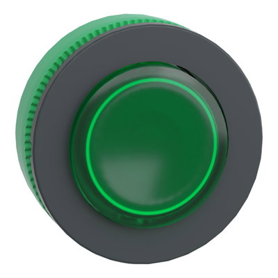 Head for illuminated push button, Harmony XB5, plastic, green projecting, 30mm, universal LED, push-push, unmarked