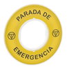 Harmony XB4, Legend, plastic, yellow, Ø90, for emergency stop, marked PARADA DE EMERGENCIA with logo ISO13851
