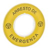 Harmony XB4, Legend, plastic, yellow, Ø90, for emergency stop, marked ARRESTO DE EMERGENZA with logo ISO13852